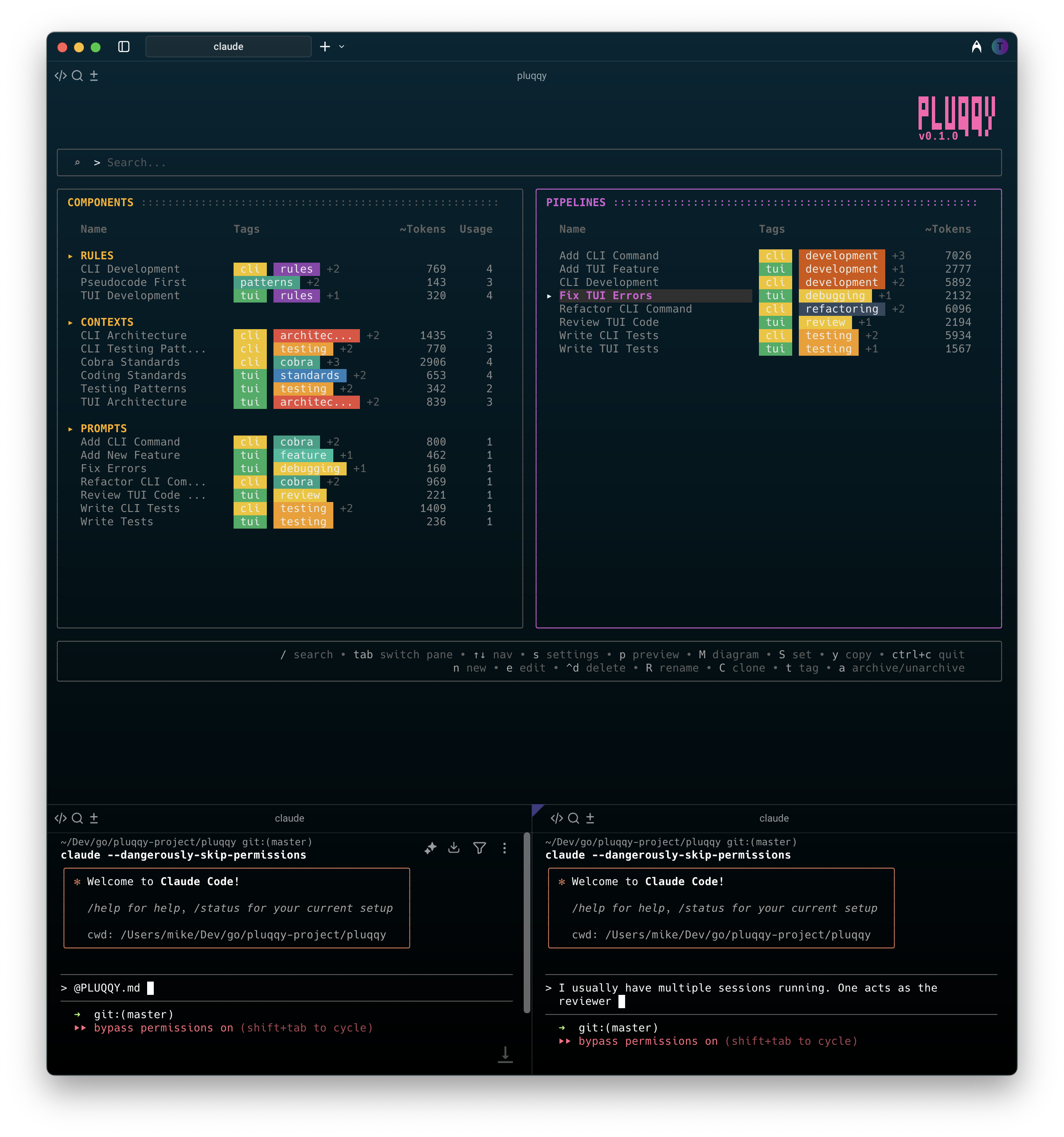 Pluqqy managing multiple AI assistant sessions - different pipelines for different tasks